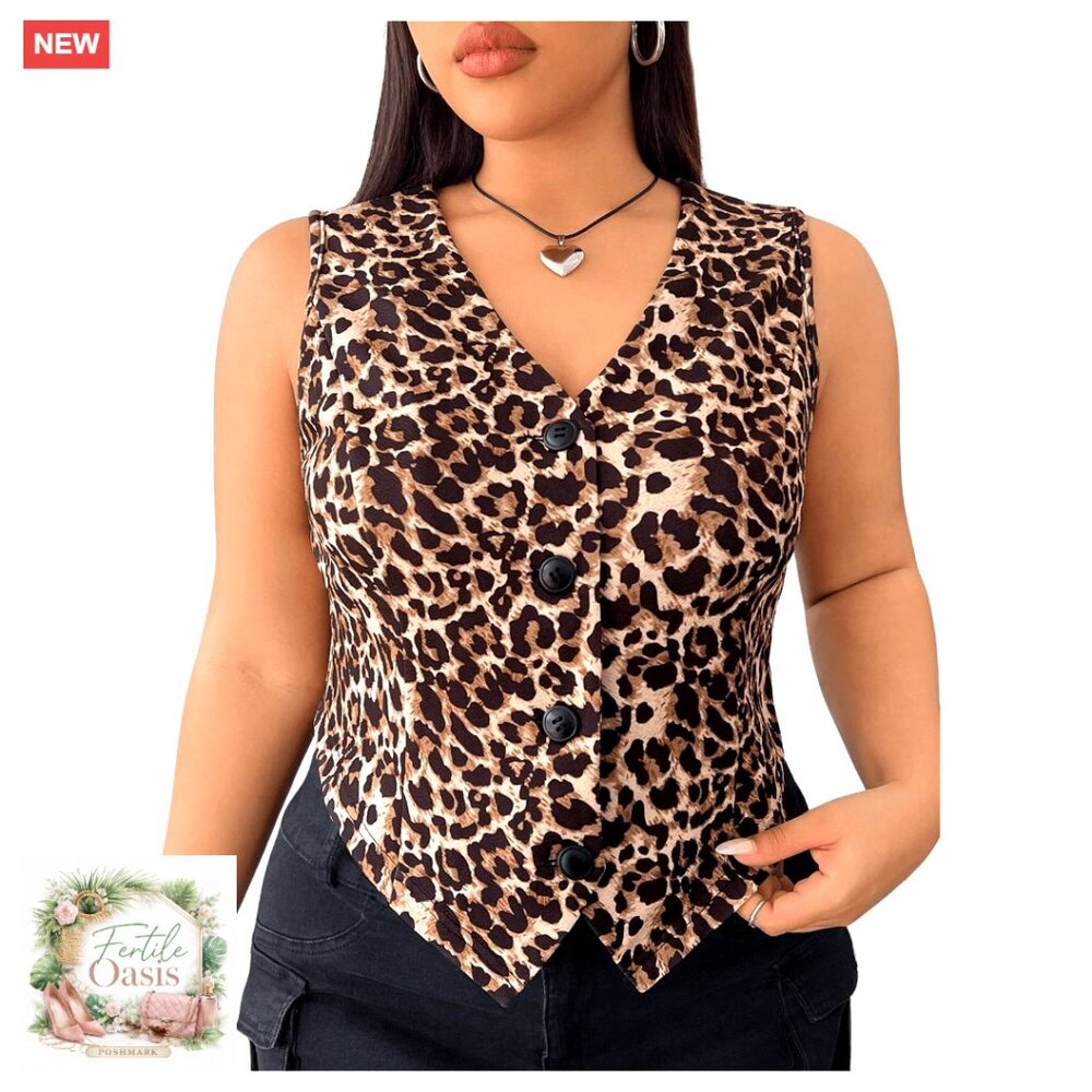 Plus Size Leopard Print Vest Button Front Sleevel… - image 1